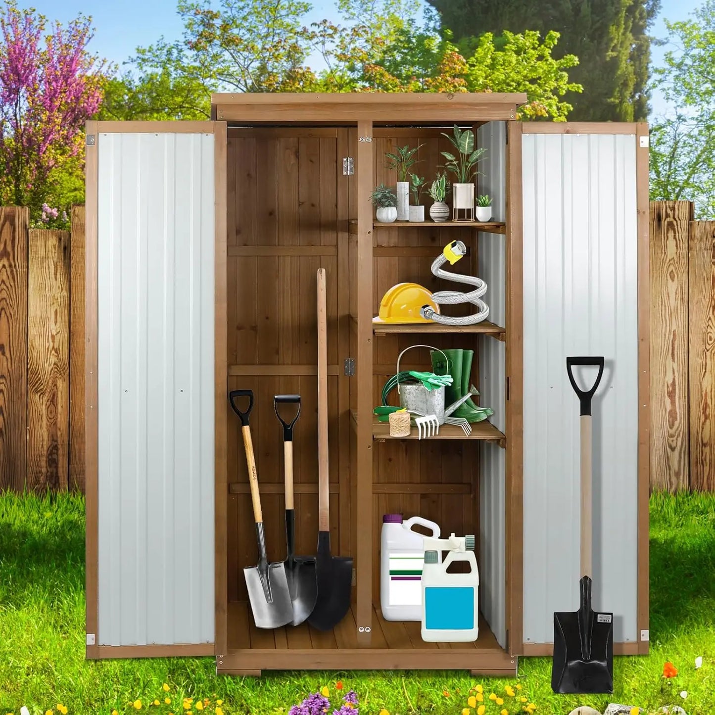 Metal Garden Storage Cabinet Weather-Resistant Lockable 3 Shelves Adjustable Patio 32x15.5x66, Custom