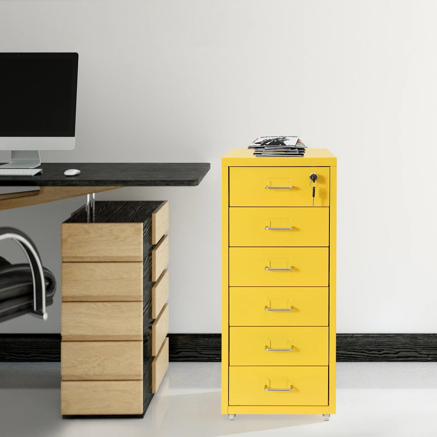 Vertical File Cabinet 6-Drawer Metal Lockable Filing Cabinet with Wheels 22lbs Capacity per Tier for Home Office Study