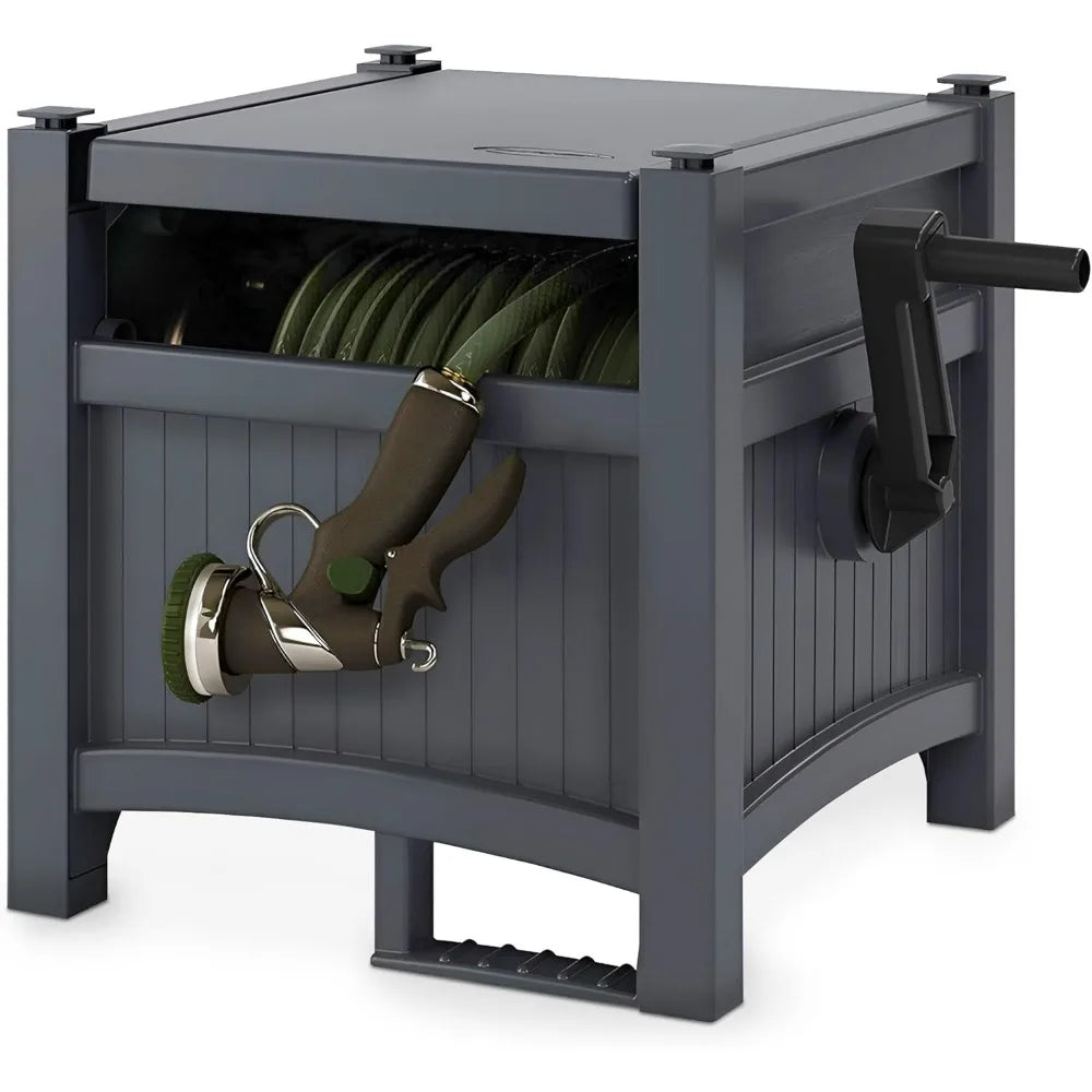 Suncast Cyberspace Grey Garden Hose Storage Reel Box Resin Outdoor Container Holds 100FT 5/8 Inch Water Line No Assembly Require