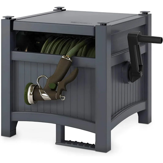 Suncast Cyberspace Grey Garden Hose Storage Reel Box Resin Outdoor Container Holds 100FT 5/8 Inch Water Line No Assembly Require