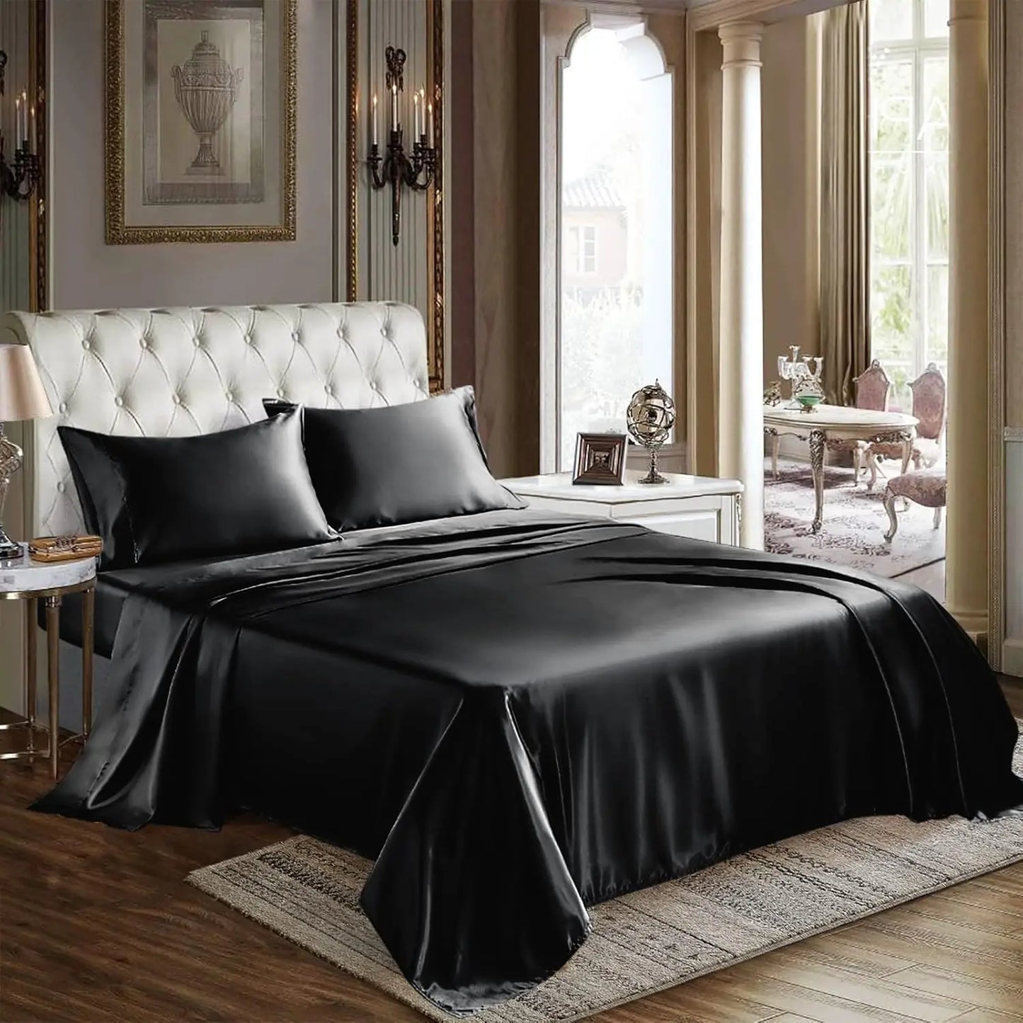 Satin Sheets Queen Size 4 Piece Bed Sheet Set with Silky Deep Pocket Fitted Sheet Flat Sheet and 2 Pillowcases
