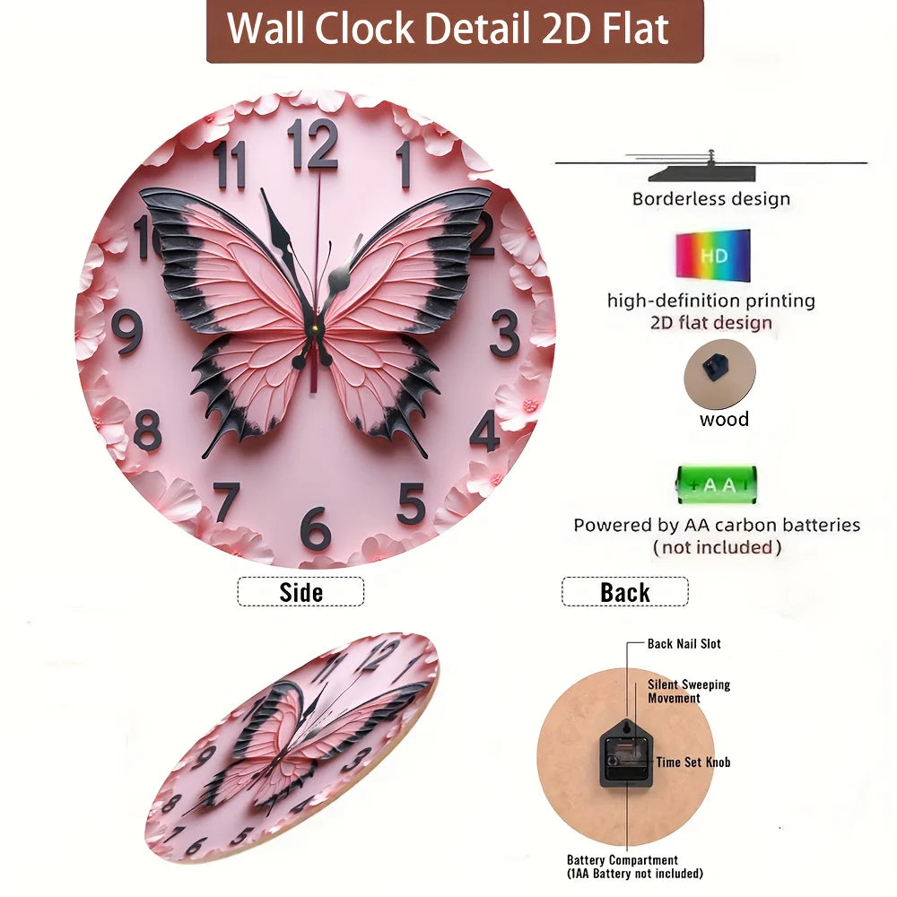 One Piece of a 9.84-Inch Wooden 2D Flat Pink Butterfly Wall Clock Featuring Black Hands And Large, Easy-To-Read Numbers. It Boas