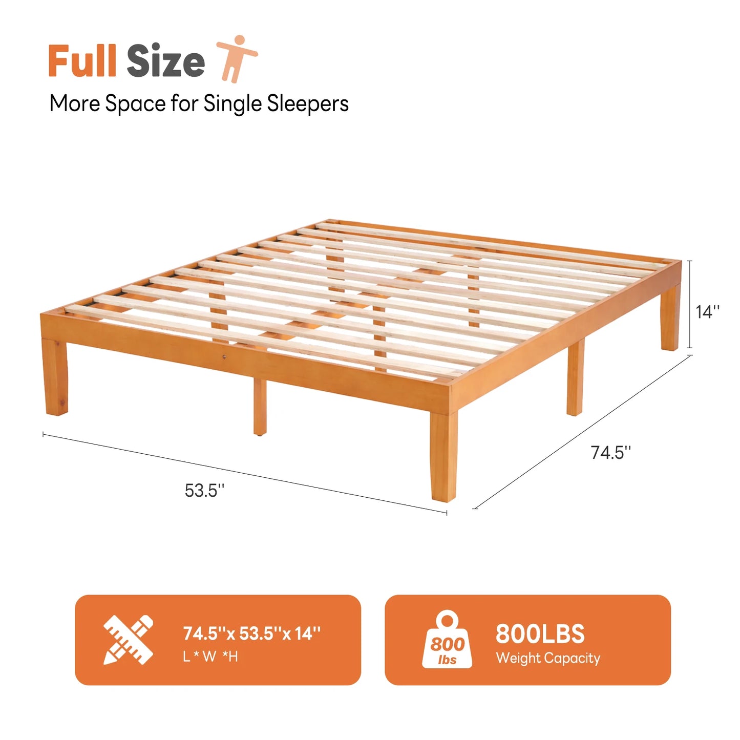 MCQ 14 Inch Thick Solid Wood Bed Frame 700 lbs Capacity Platform Bedframe with Wooden Slats Support Noise-Free No Box Spring Needed Easy Assembly