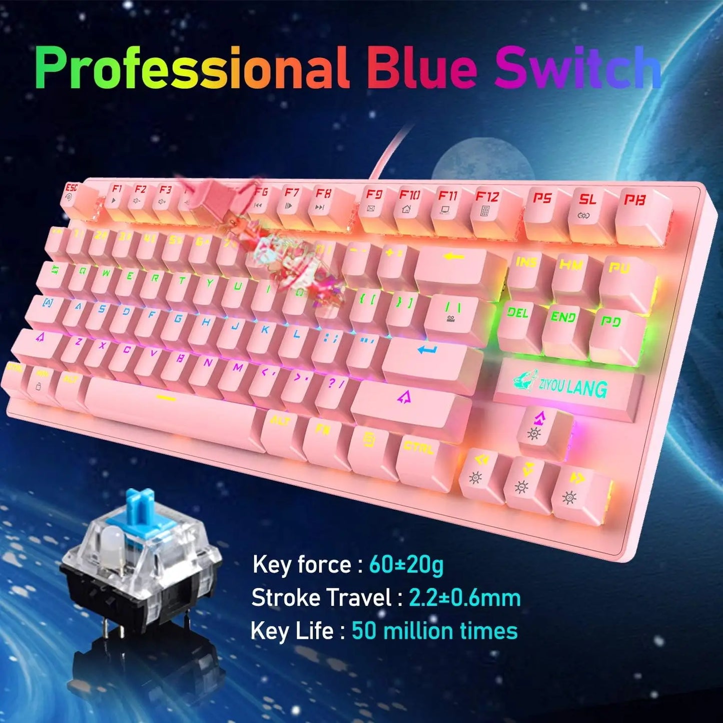 MAMBASNAKE x ZIYOU LANG Wired K2 Pink blue Switch gaming keyboard and mouse set gaming keyboard and mouse set Mini 87 Keys