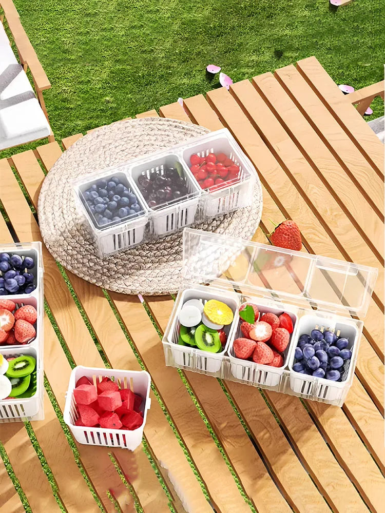 1 set of kitchen refrigerator accessories with a lid, food storage container, with 3 transparent square detachable compartment d