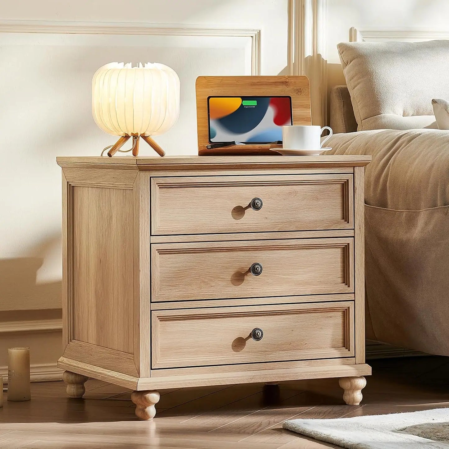 2 Pack Farmhouse 3 Drawer Bedside Cabinet, Wooden End Night Table With Metal Handles 24"W For Indoor Storage