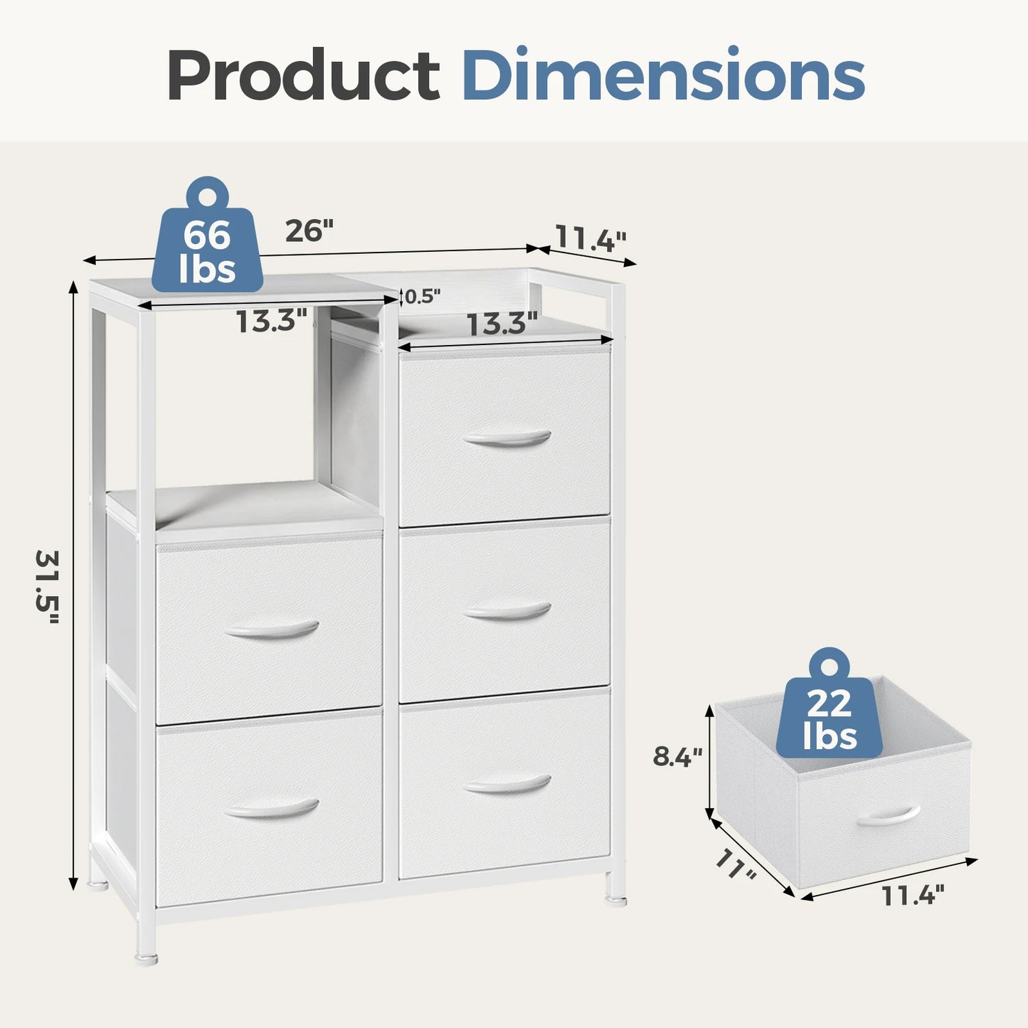 JHK  5 Fabric Drawer Chest with Raised Shelf Metal Frame TV Stands for Bedroom Storage Tower with Bins for Closet Organization Hallway Storage for Home