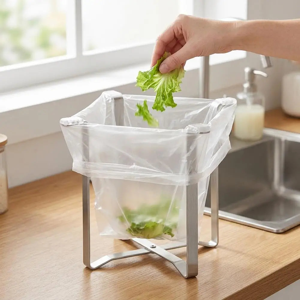 Foldable Garbage Bag Holder Stainless Steel Trash Bag Stand Countertop Waste Bag Support Rack Kitchen Sink Food Scrap Organizer