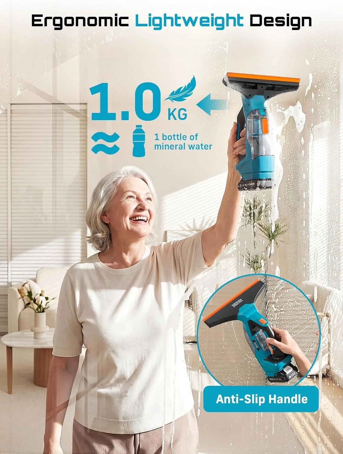 SEESII Cordless Window Vacuum Cleaner 2000PA Suction Power 4.0mAh Battery Windown Spray Cleaning Tool Set with Squeegee Blade for Mirror Glass Countertop Tile