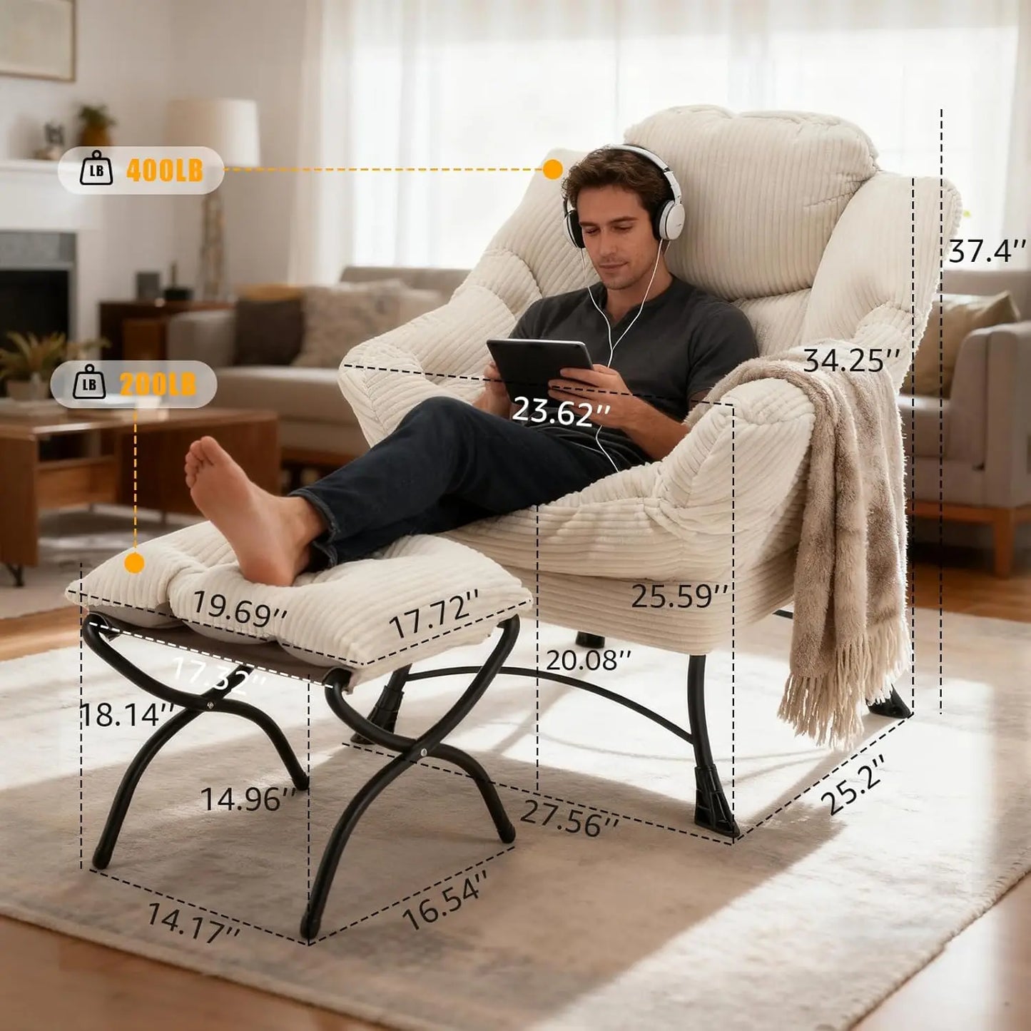 Oversized Lounge Chair & Ottoman Comfy Wide Reading Accent w/ Footrest Living Room Small Spaces White, Customized