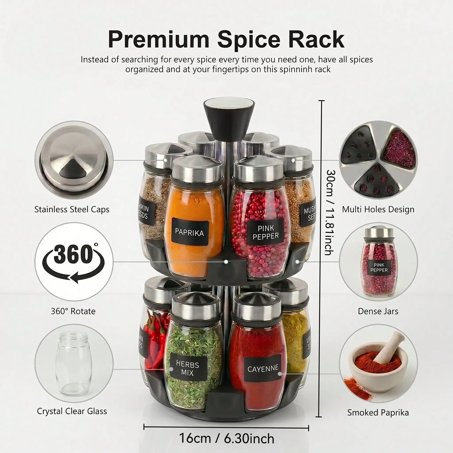 12pcs Glass Jar Set - Rotating Kitchen Spice Rack Organizer, Countertop Herb & Spice Carousel - Ideal For Kitchen Counter Accessories, Spice Organization, And Storage