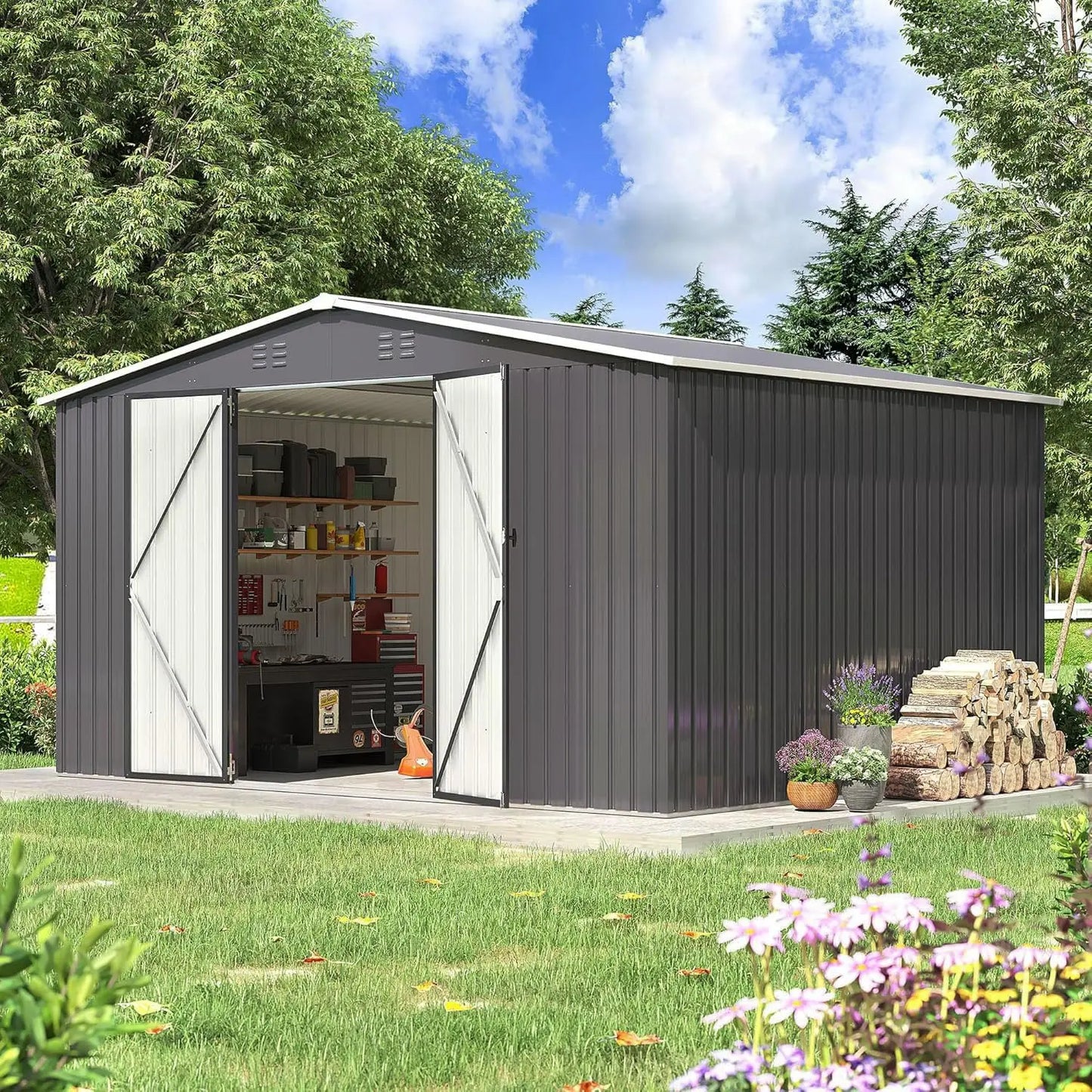 Outdoor Storage Shed Metal Garden Tool Shed Updated Frame Structure Backyard Patio Lawn 12x10 FT, Custom