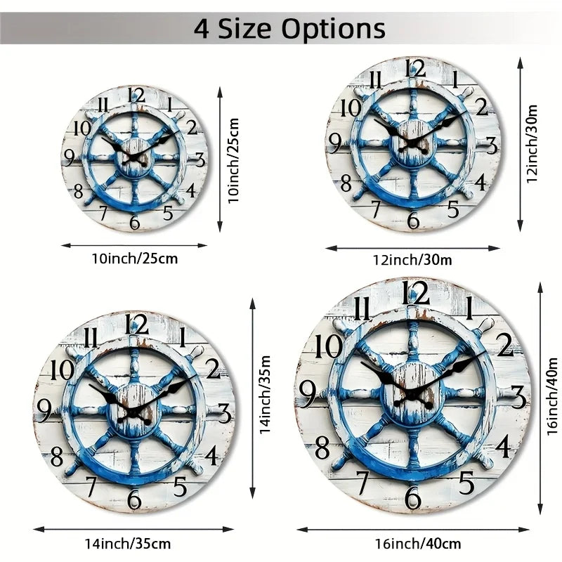 1pc 2D Flat Wall Clock Non-Ticking Wooden, Circular Clock Nautical Wooden Ship Wheel Design for Kitchen, Study Room, Hallway, Li