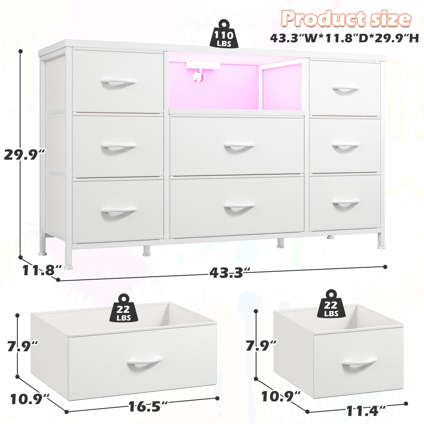 EnHomee 8-Drawer Media Dresser with LED Lighting & Built-in Charging Station - Fabric Storage Cabinet for 55" TVs, Ideal for Bedroom