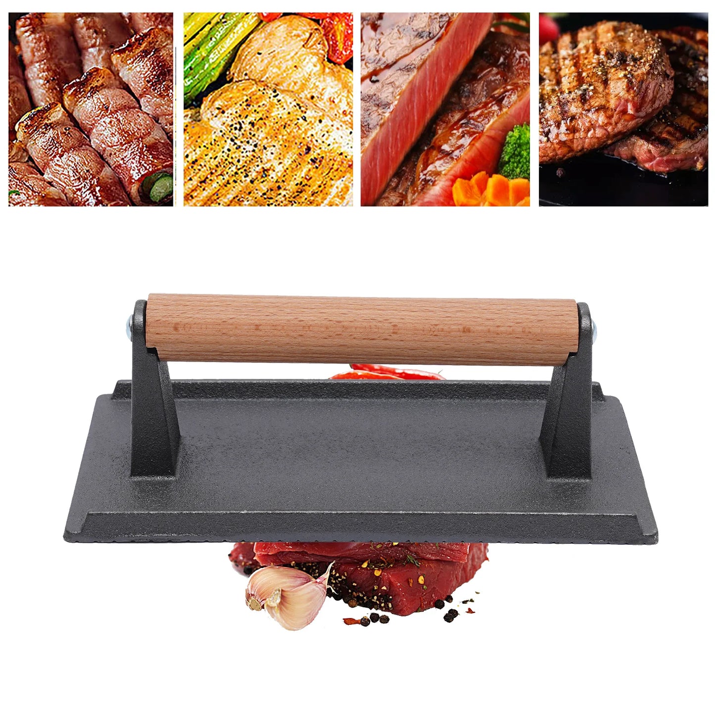 Kitchen Heavy Cast Iron Grill Press With Wooden Handle