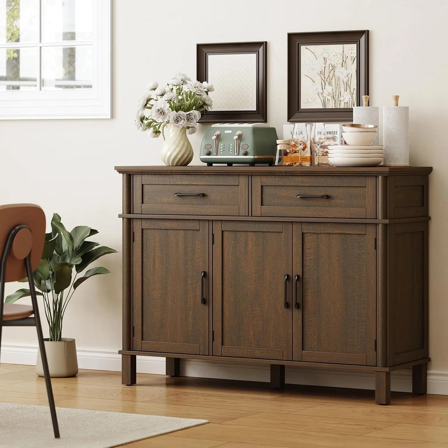 48 Inch Farmhouse Buffet Cabinet with 3 Doors & 2 Drawers, Wood Coffee Bar Storage Cabinet Adjustable Shelves for Kitchen Living Room