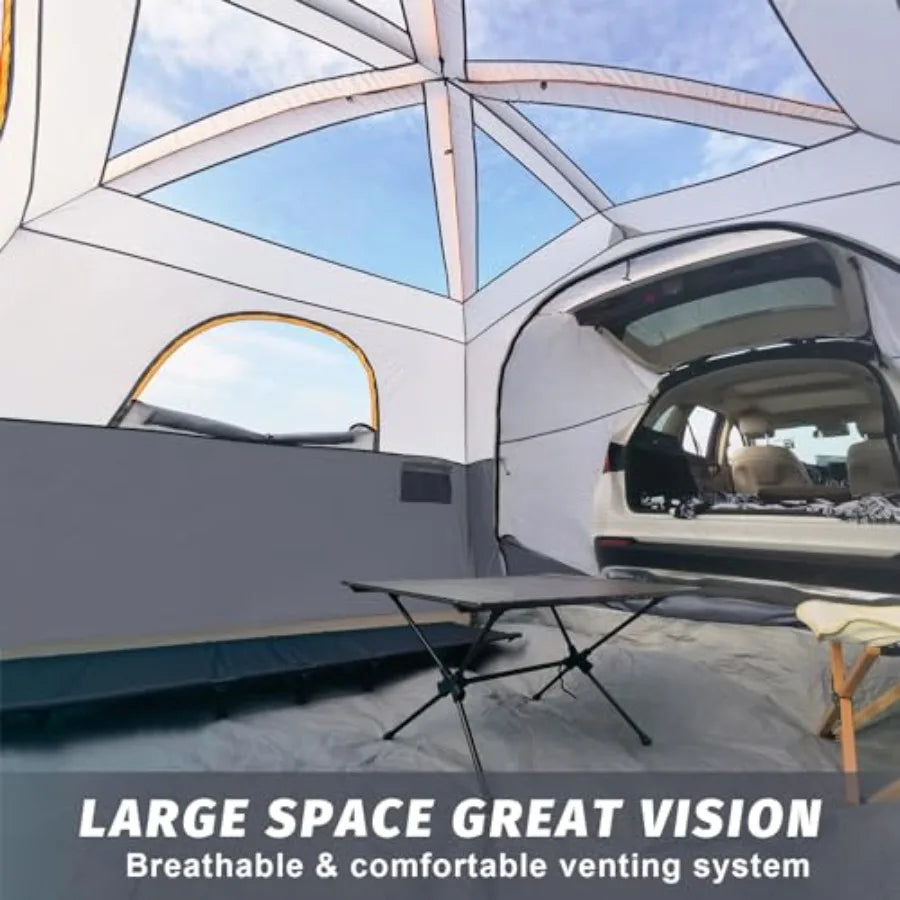 Camping SUV tent for tailgate use, polyester fabric, gray color, quick-setup with rainfly and spacious 10'x9'x78in H interior