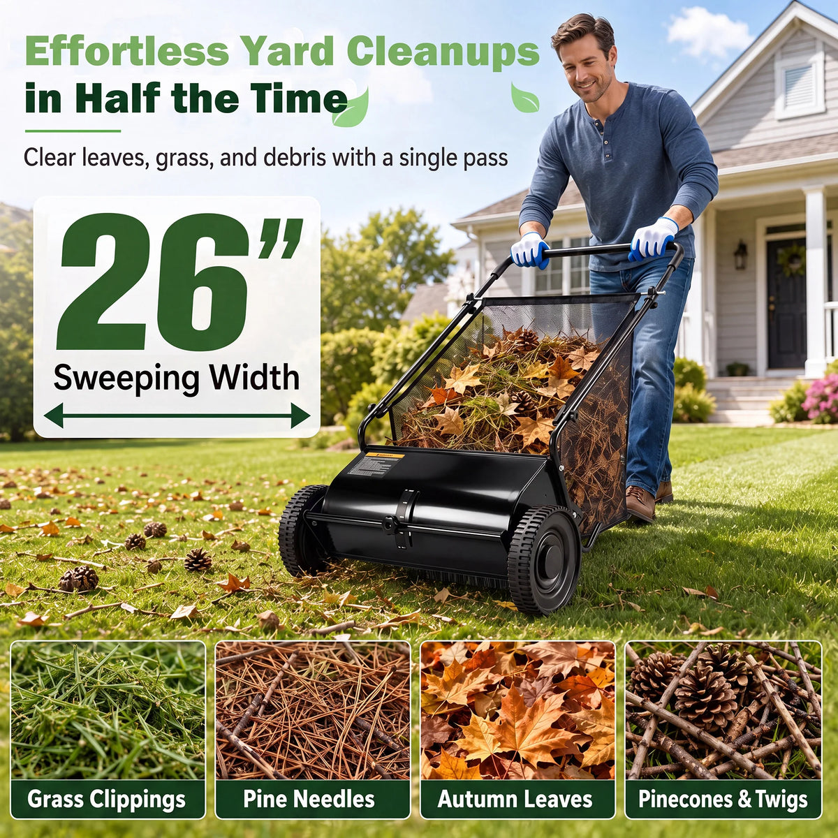 Efficient Manual Push Lawn Sweeper With Four Robust Brushes