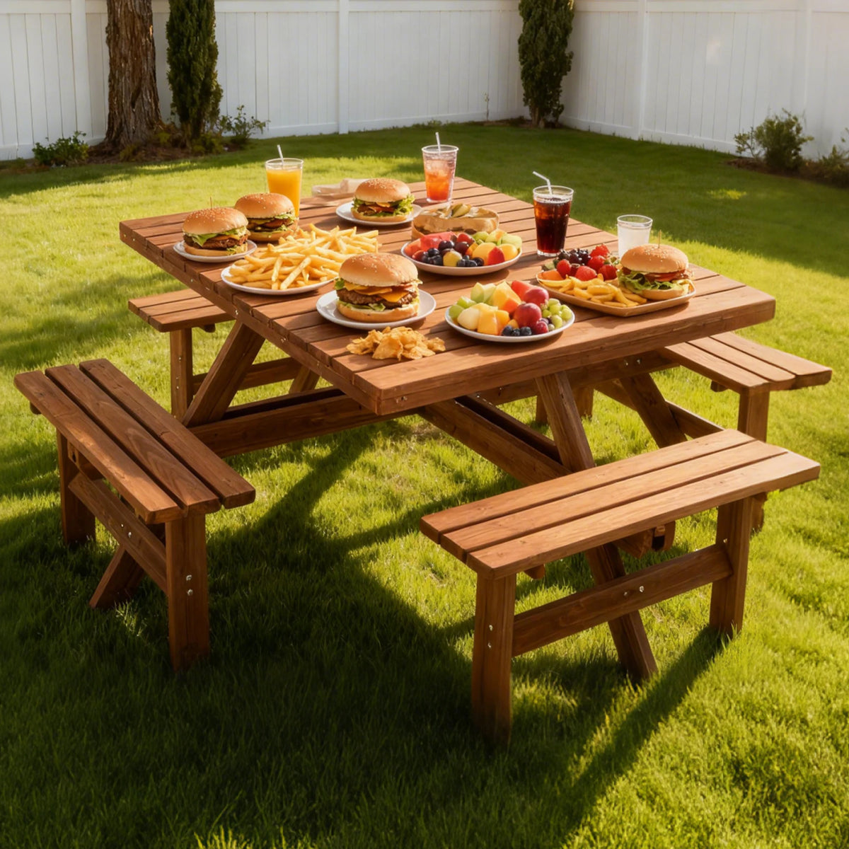 8 Person Square Picnic Table Umbrella Hole Waterproof Reinforced Structure Easy Clean Outdoor Dining Set Backyard Garden Camping