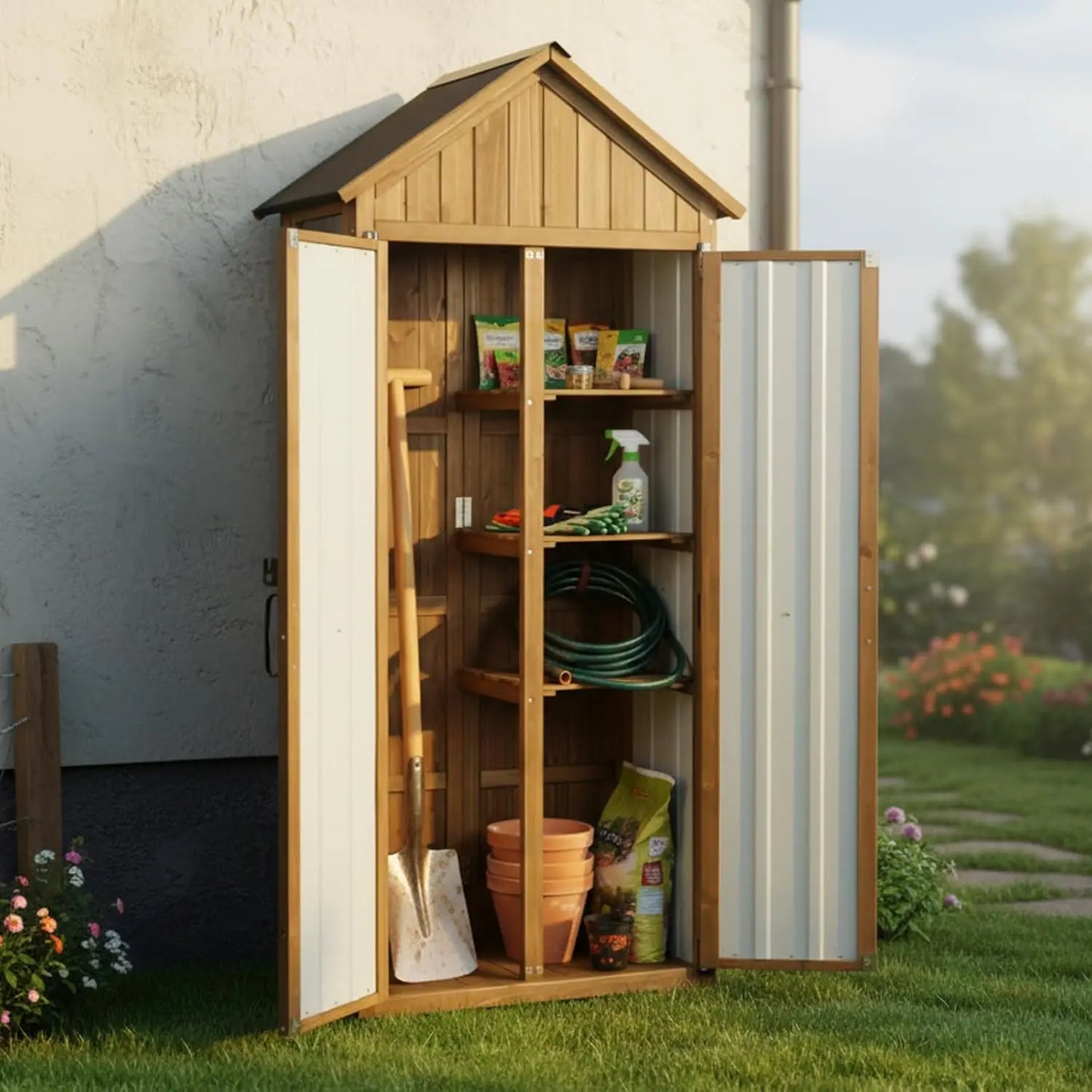 Wood & Metal Outdoor Storage Cabinet with Lockable Doors & Sloping Roof for Patio Backyard Garden Tool, Brown, Custom