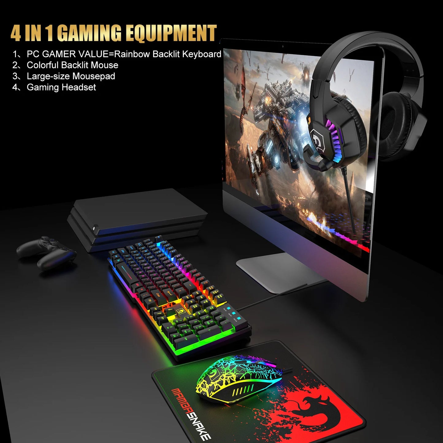 MANBASNAKE T11 Wired Gaming Keyboard and Mouse Headset Combo Rainbow LED Backlit