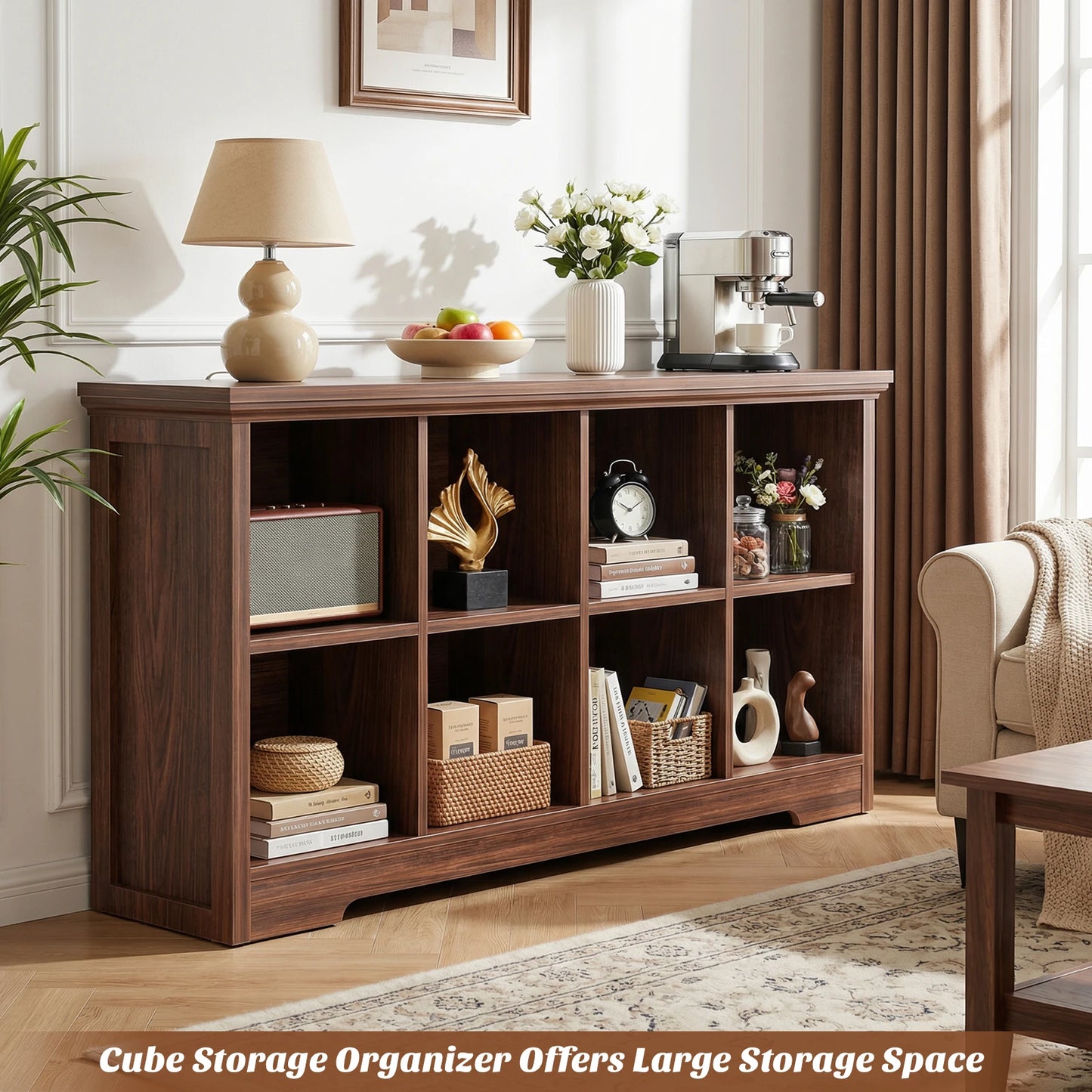 Aheaplus 8‑Cube Storage Organizer with Charging Ports, Modern Bookshelf with 2 AC Outlets & 3 USB Ports, Heavy‑Duty Floor Standing Display Shelf, Open Cubbies Bookcase for Home Office, Living Room – Black Walnut