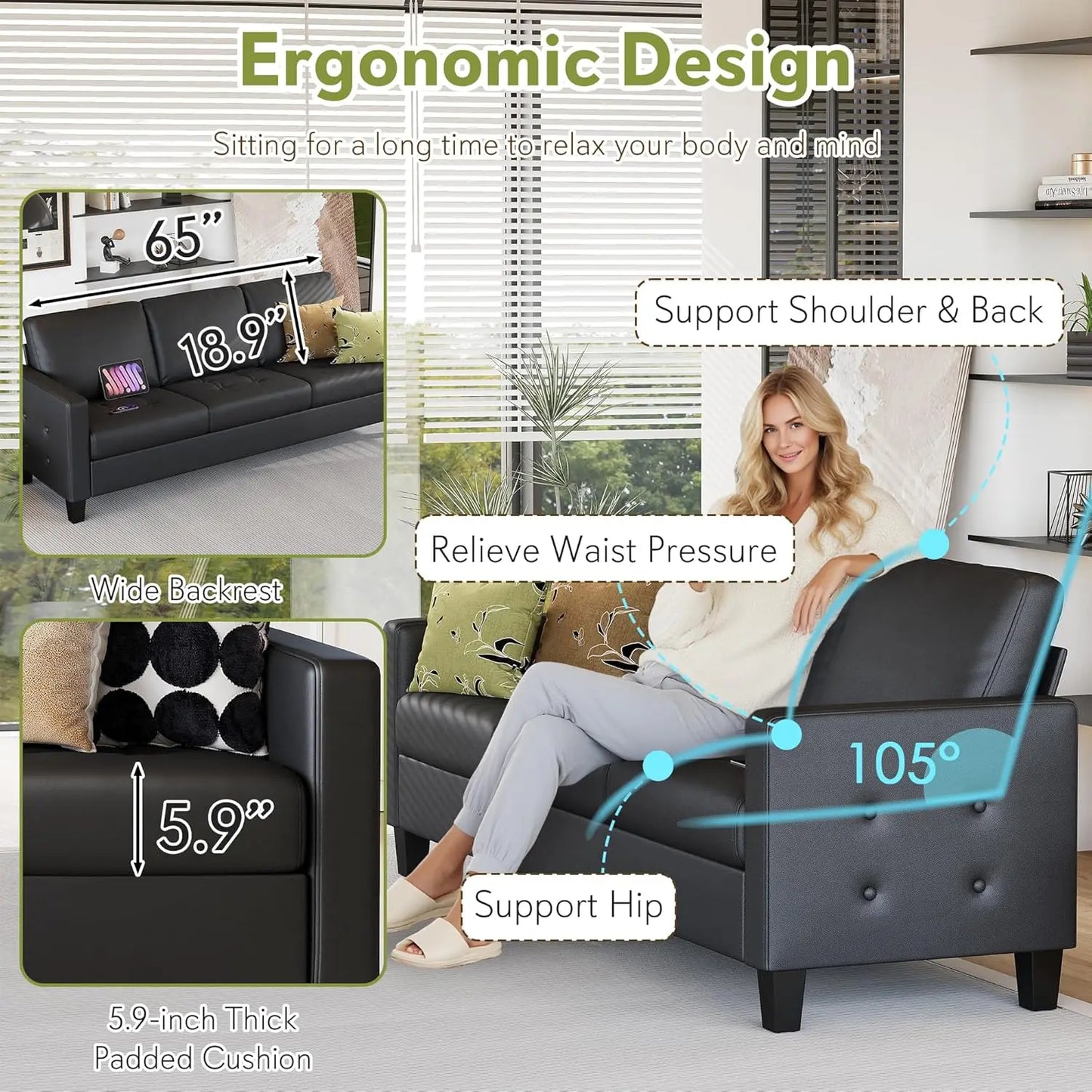 Modern Faux Leather Office Sofa With Tufted Arms USB