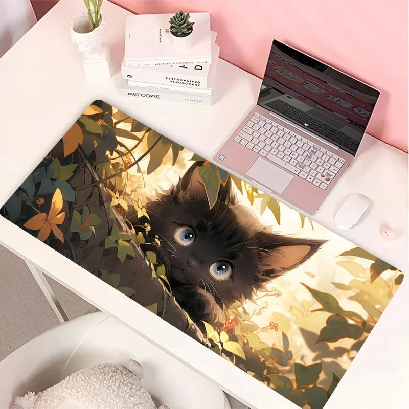 Clouds Black Cat Mouse Pad PC Green Plants Flower Gaming Keyboard Rug Laptop Kawaii Anime Gamer Cabint Mousepad Cute Desk Mat