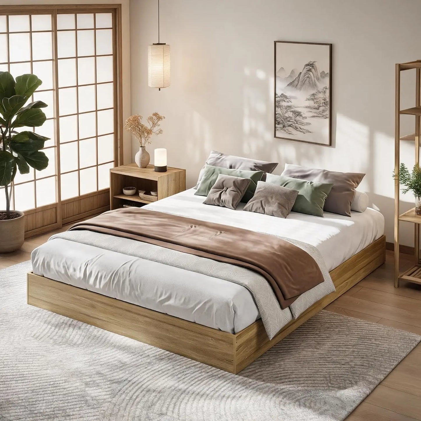 Garvee Living Room Bed Frame Easy Sturdy Assembly Bedroom Frames with Low Profile Design Eco-Friendly Bed Wood Slats Support Home Furniture Without Headboard