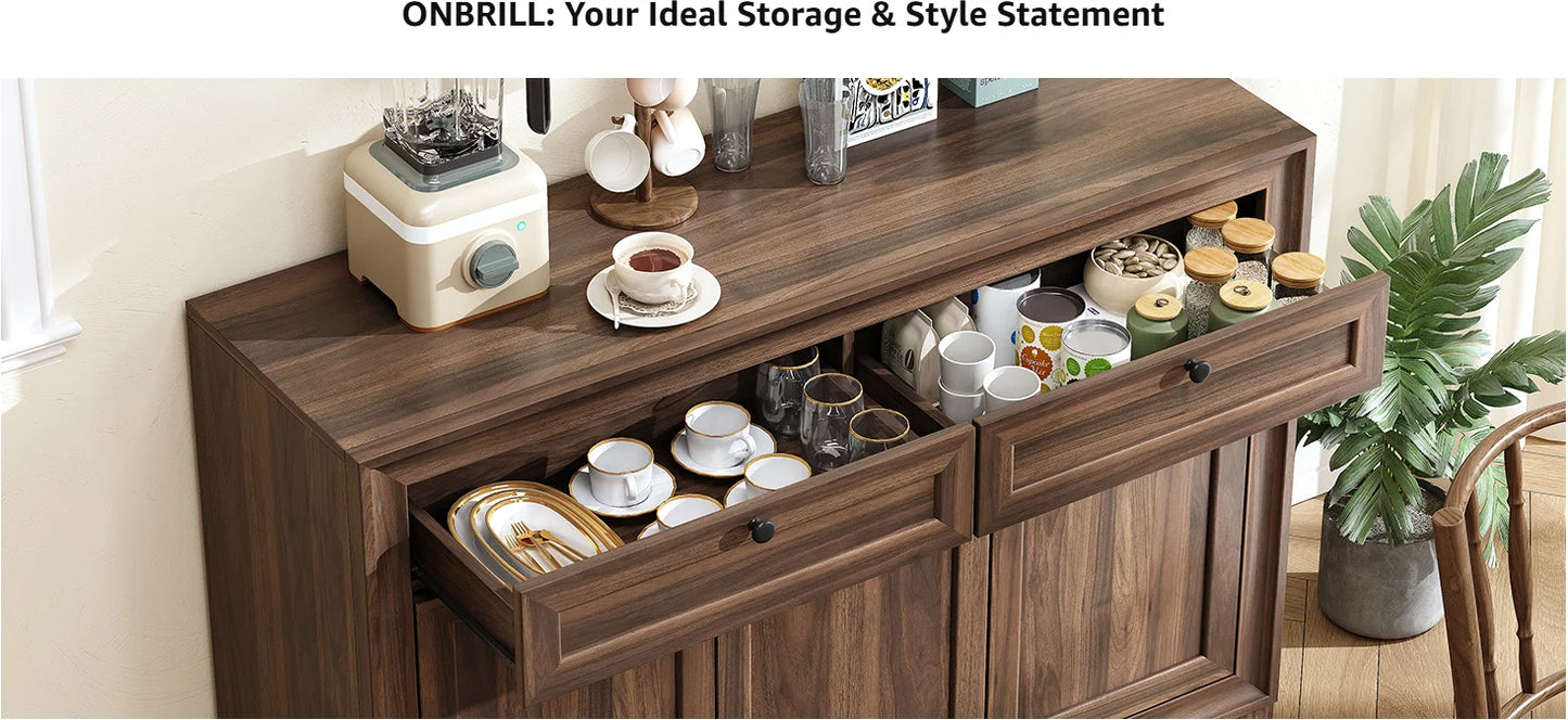 48" Sideboard Storage Cabinet with 2 Drawers + 3 Doors | Wood Coffee Bar Cabinet, Buffet Table Adjustable Shelves Farmhouse Style for Home Kitchen Living Room
