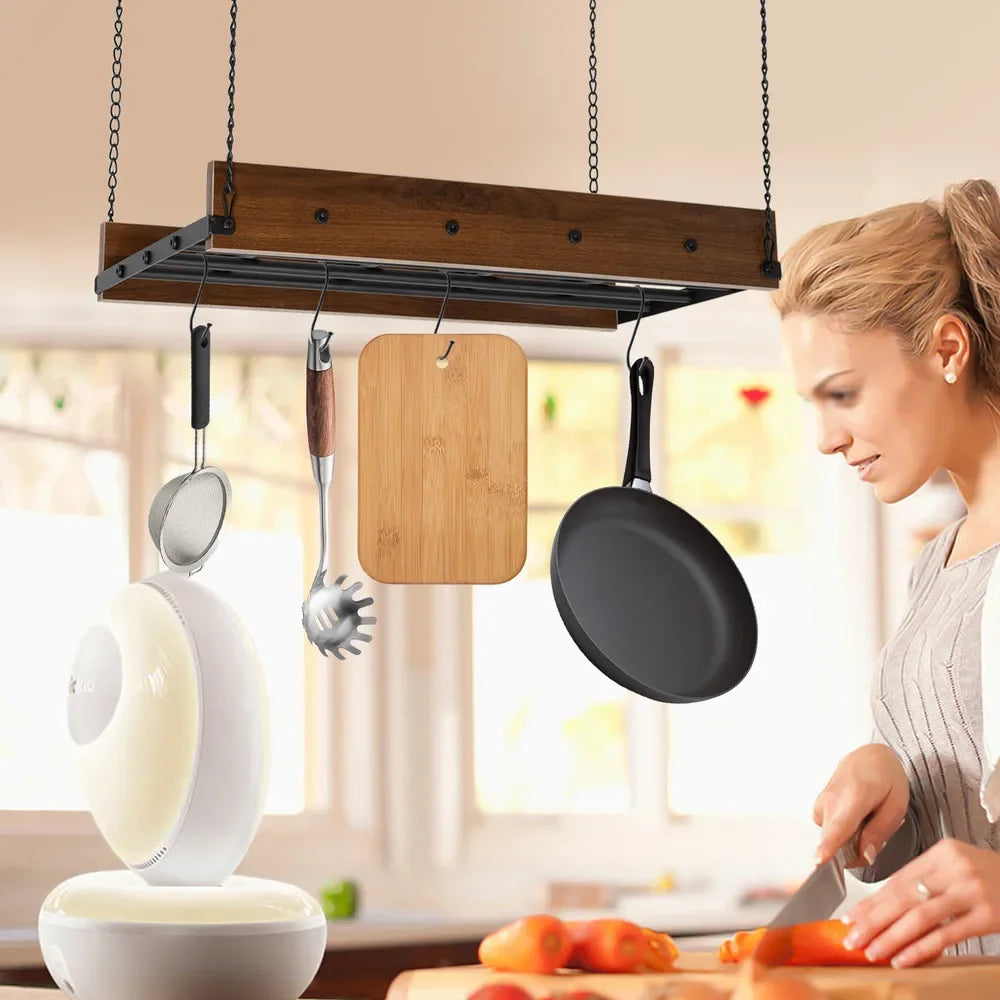 Adjustable Ceiling-Mounted Kitchen Hanging Pot Pan Holder – Cookware Organizer Rack W/ Spring Clips, Space-Saving Storage Shelf