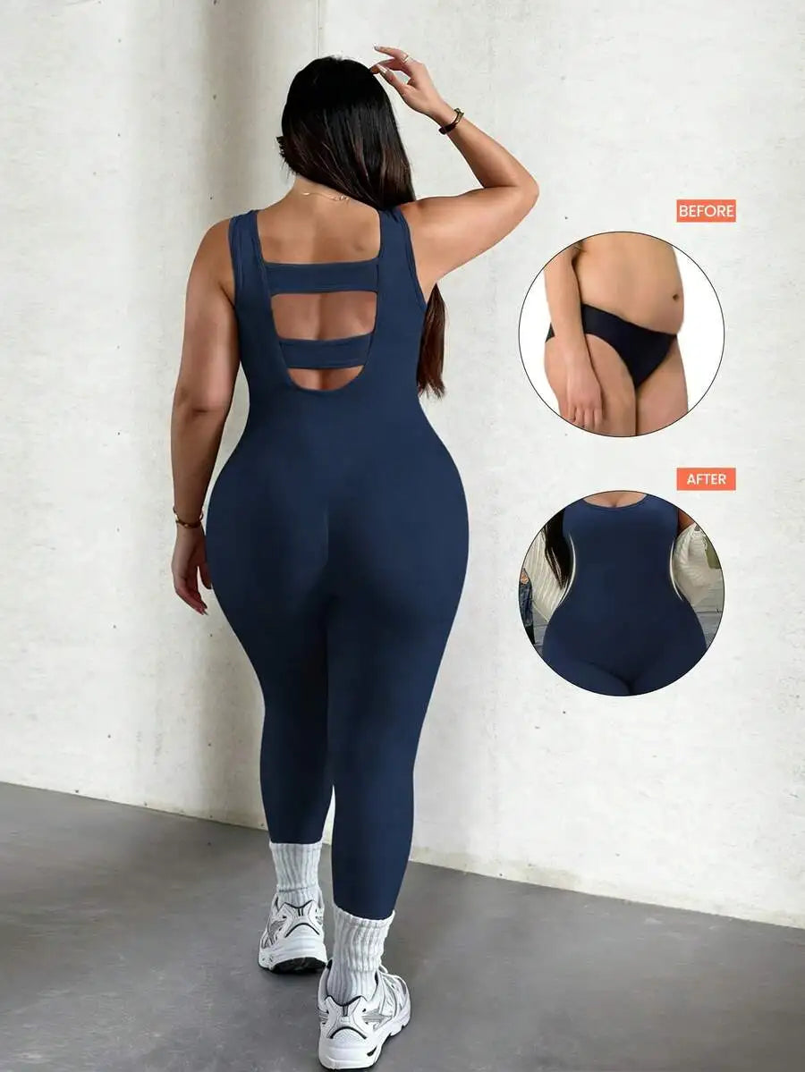 Rhythm Era 1pc Plus Size Black Backless Jumpsuit, Comfortable Stretchy Seamless Knit Yoga & Fitness Activewear