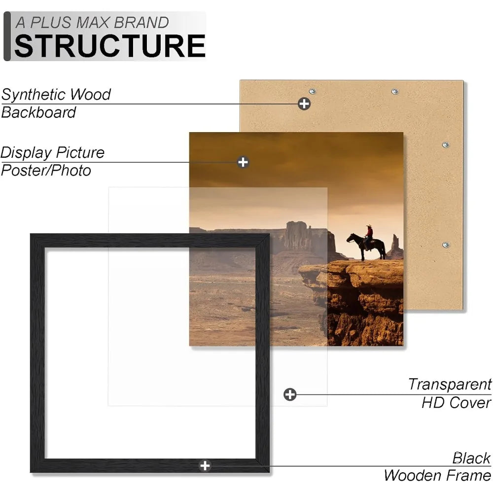 Modern Square 8"X8" Photo Frame, Light‑Weight Textured Black Engineered Wood Wall Hanging Frame with HD Clear Cover