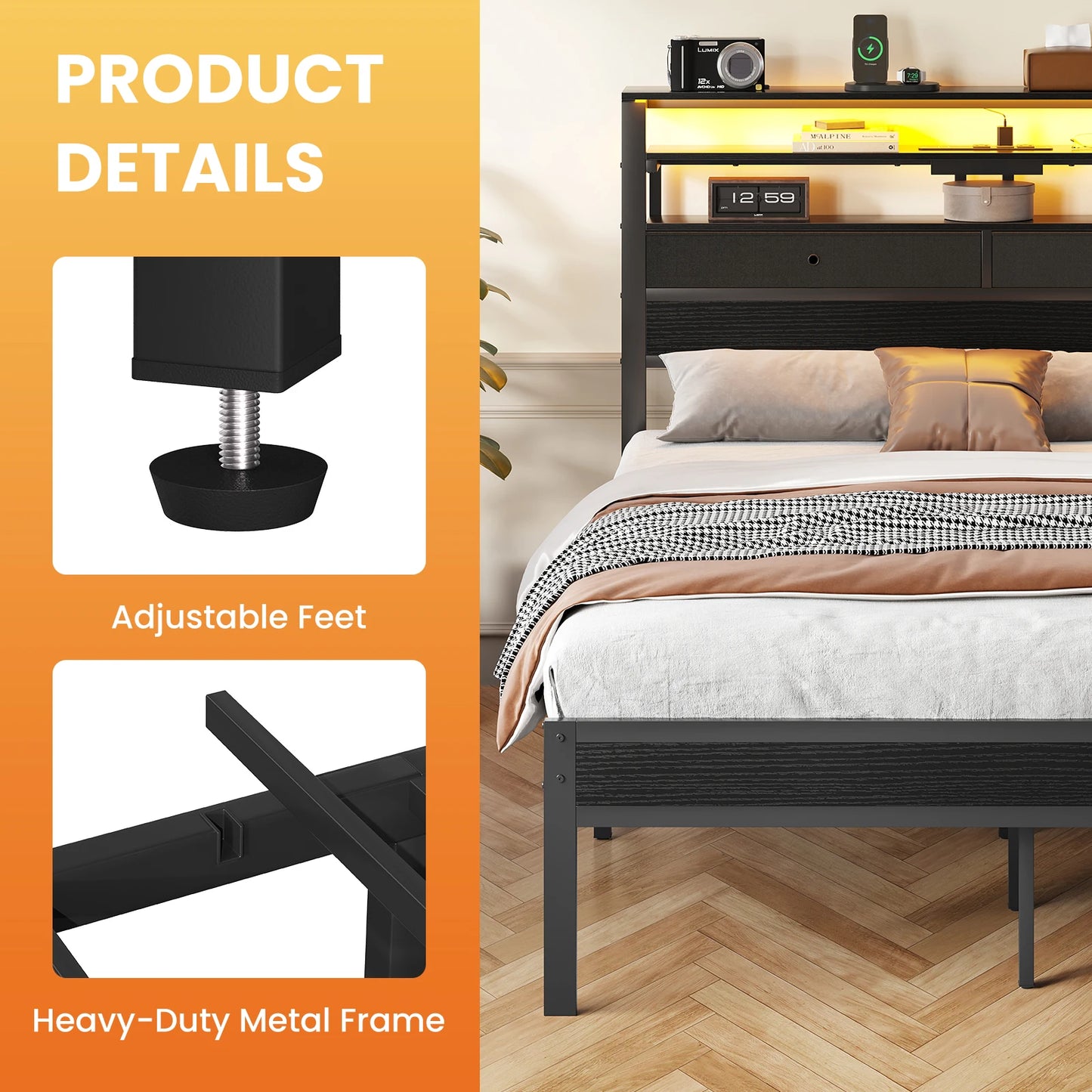 Metal Platform Bed Frame With Integrated Storage Led Headboard
