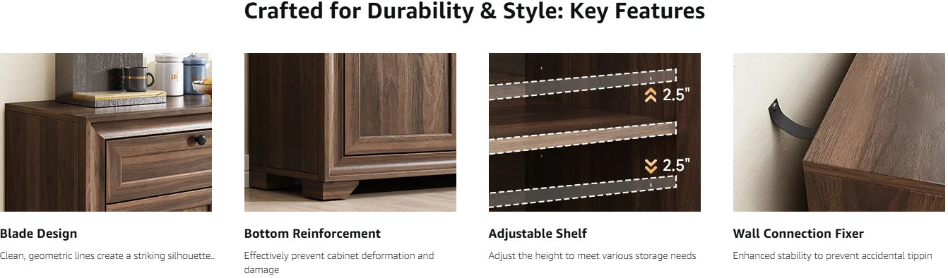 48" Sideboard Storage Cabinet with 2 Drawers + 3 Doors | Wood Coffee Bar Cabinet, Buffet Table Adjustable Shelves Farmhouse Style for Home Kitchen Living Room