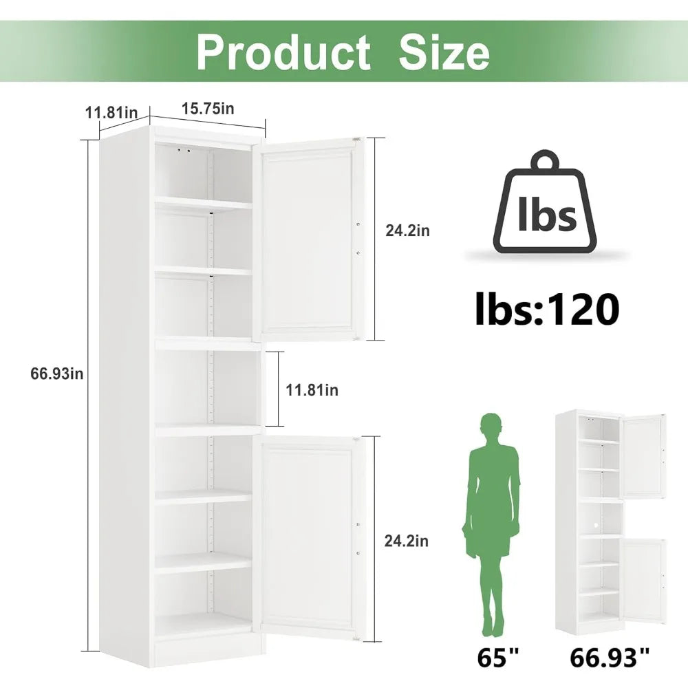 Tall Narrow Storage Cabinet with 4 Adjustable Shelves for Kitchen Bathroom Home Office Living Room Dining Room in White