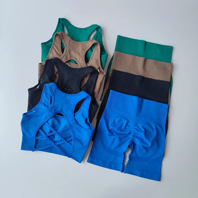 Summer Women's Seamless 2 Piece High Waist Yoga Set Stretchy Fabric Sport Bra Shorts for Gym Workout