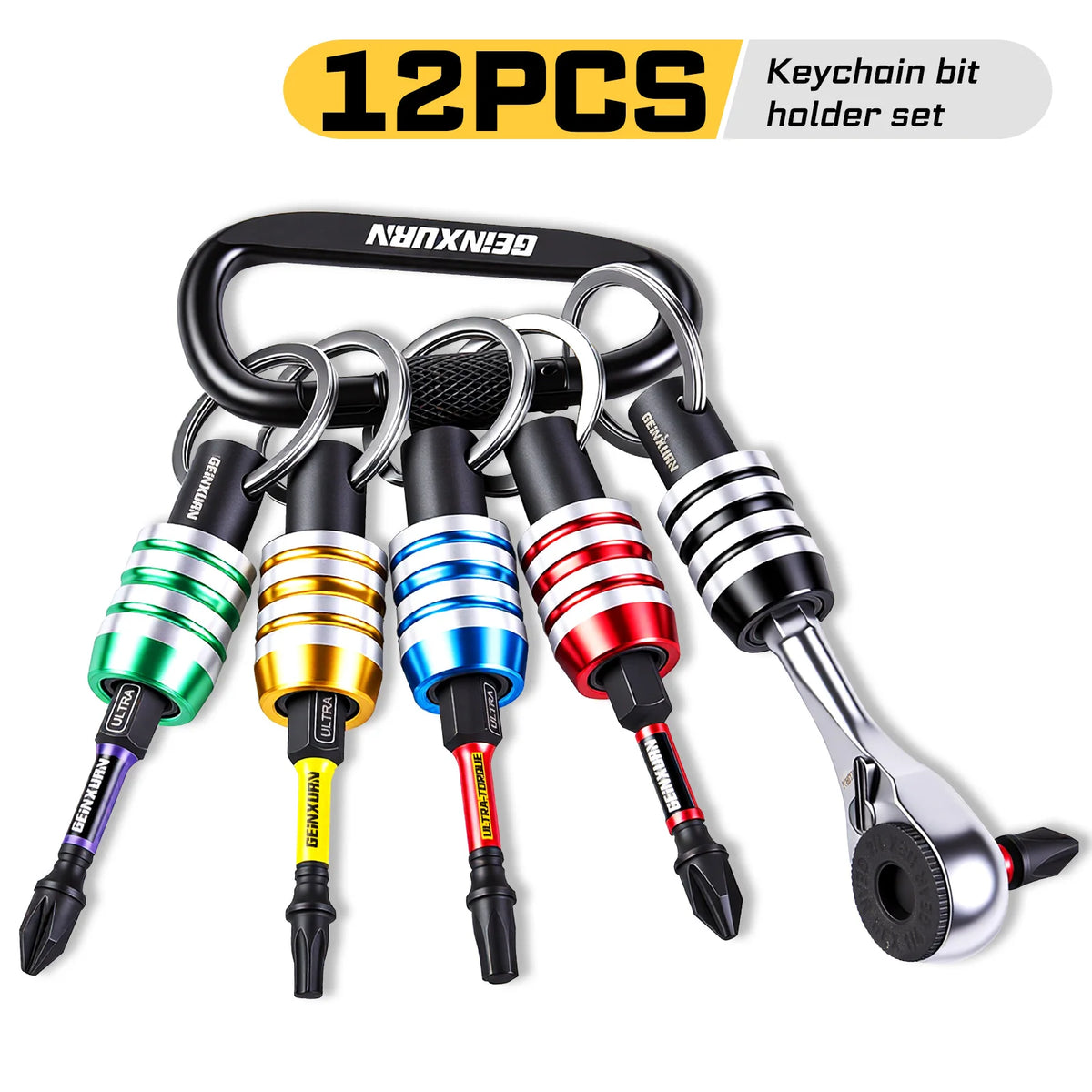 Geinxurn Keychain Bit Holder Set, 1/4 Inch Hex Shank One Touch Double Lock Magnetic Aluminum Quick Change Mini Bit Extension Rod