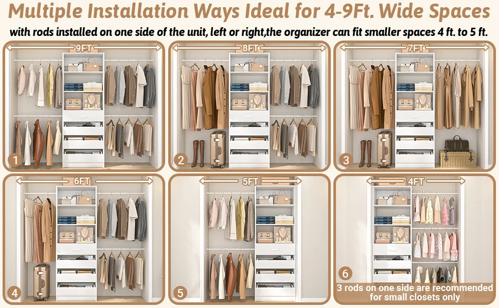 4-9Ft Closet System with 4 Wooden Drawers, Walk-in Closet Organizer Wardrobe Clothes Rack with 4 Hanging Rods, Garment Rack