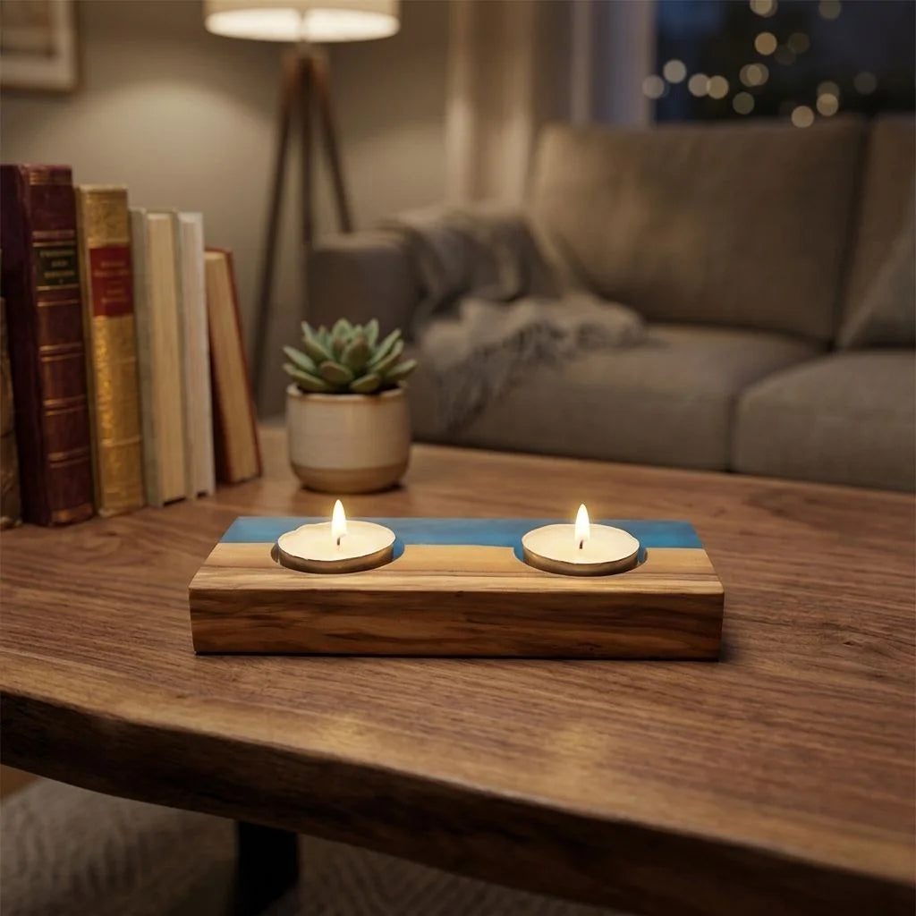 Epoxy Resin and Olive Wooden Candle Holder for Wedding Party Dinner Square Candle Stand Tealight Holder Shabbat Candle Holders