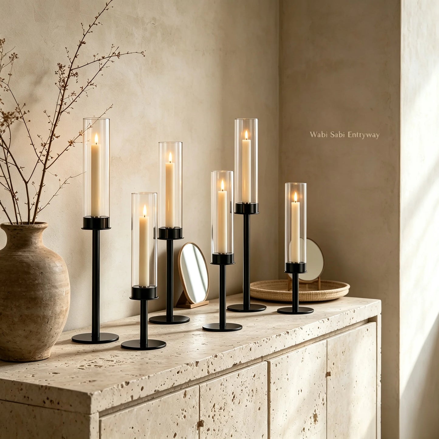 3pcs Black Minimalist Hurricane Candle Holder Set with Stable Base Modern Table Ornament for Dining Table Wedding Indoor Decorat