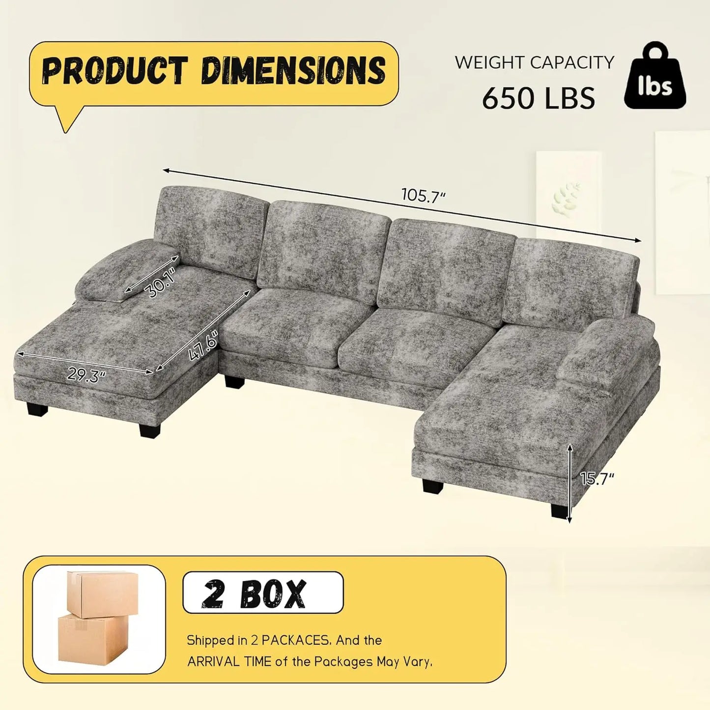 U Shaped Chenille Sectional Sofa for Small Living Room Apartment with Removable Pillows Grey