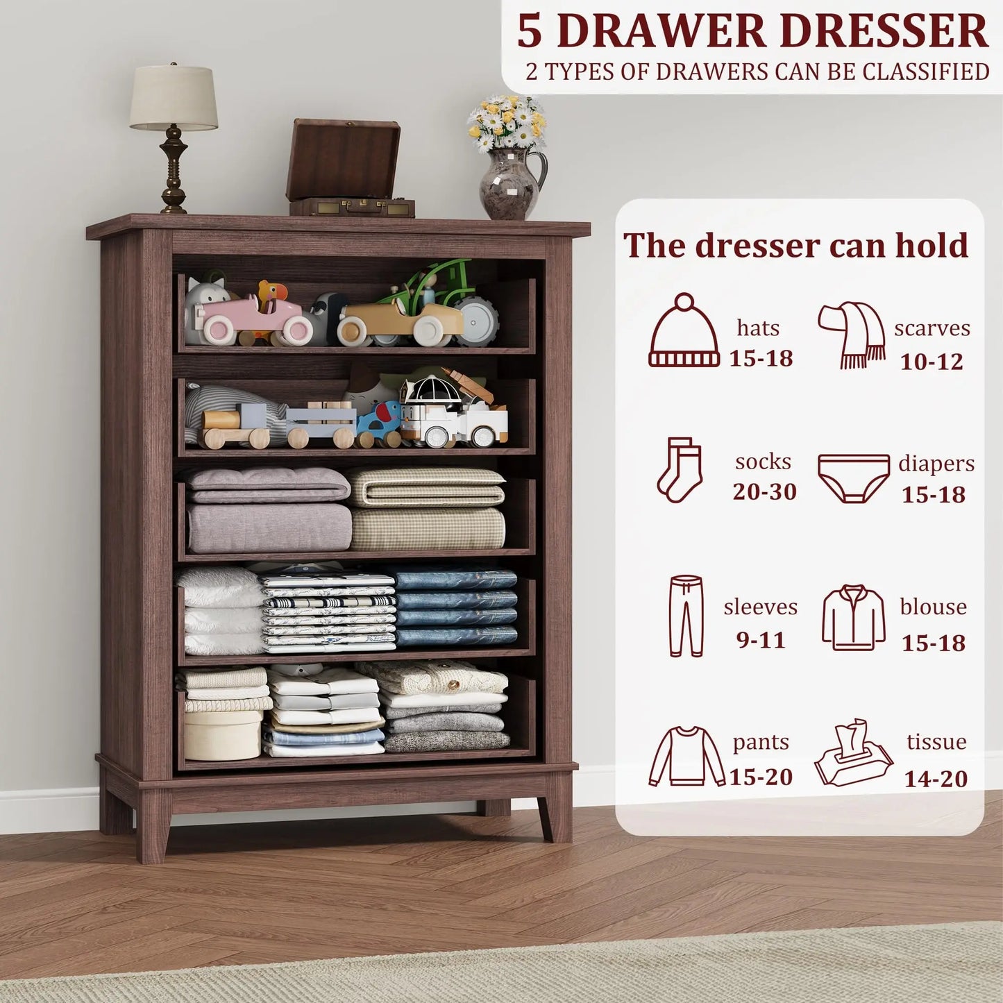 5 Dresser for Bedroom, 41.3 in Tall Vertical Drawer Dresser with Large Storage, Freestanding Wooden Closet Chest for Bedroom, Living Room