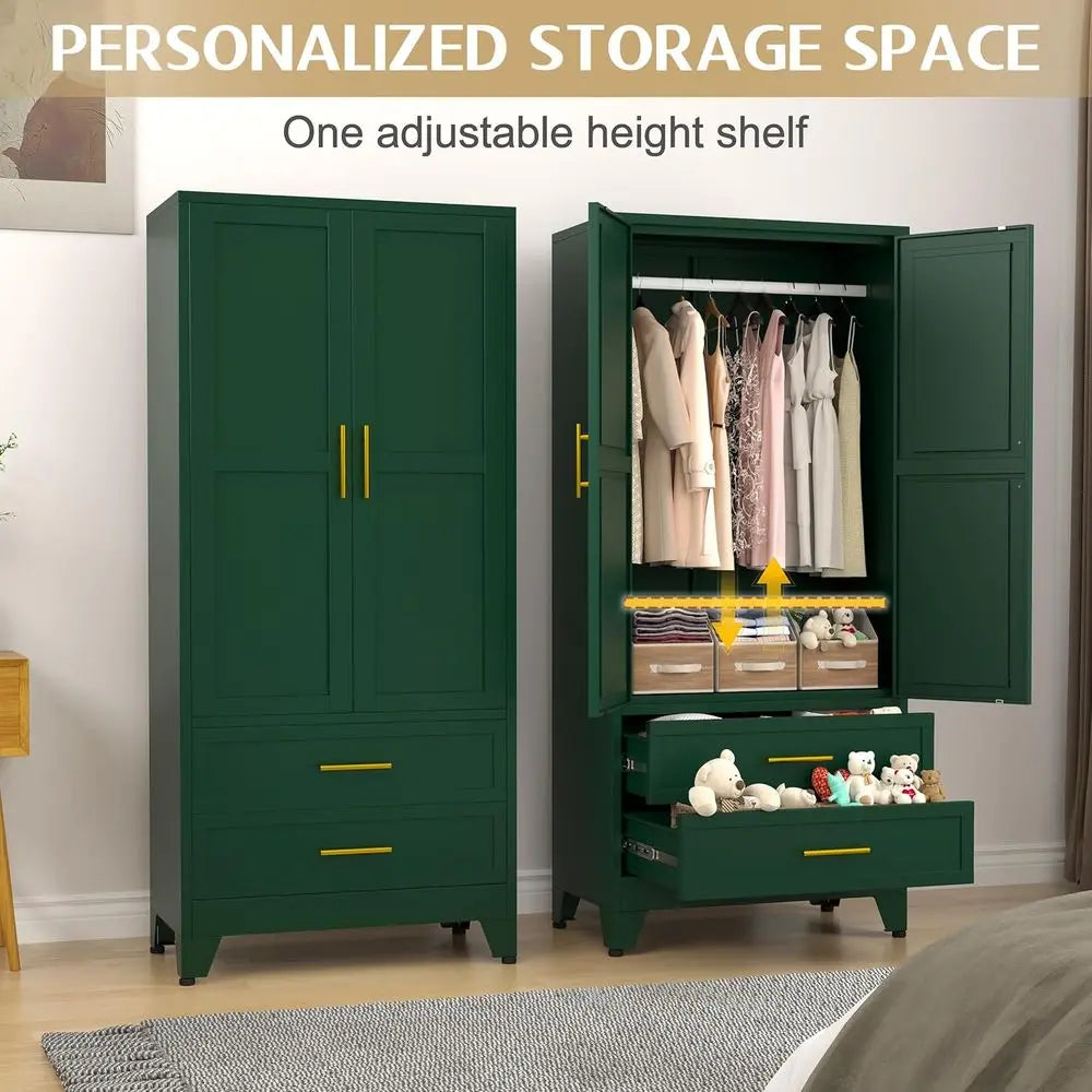 Green Metal Wardrobe Cabinet with Hanging Rod, 2 Doors, Adjustable Shelf, Drawers for Bedroom, Closet, and Storage