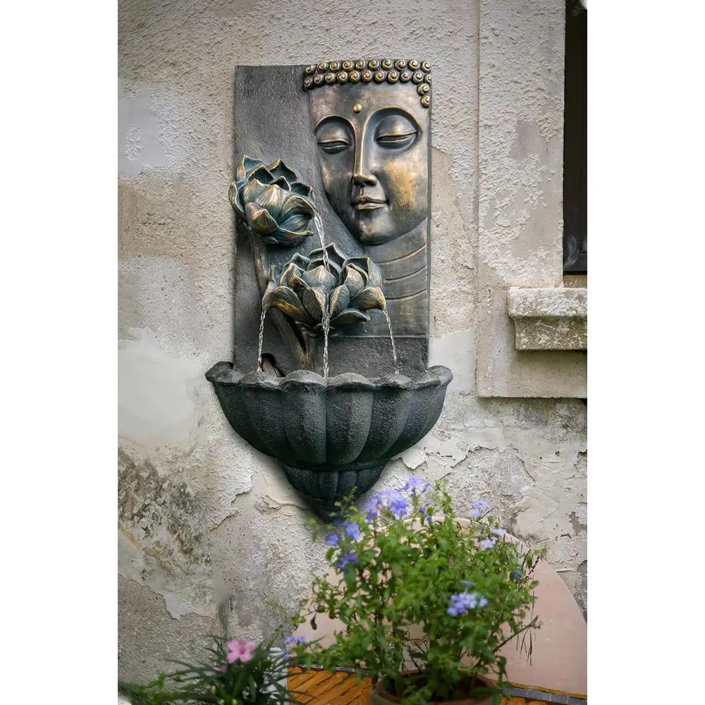 Indoor/Outdoor Wall Fountain with Cascading Lotus Buddha, 32.3'' Tall, Perfect for Home and Garden Decor