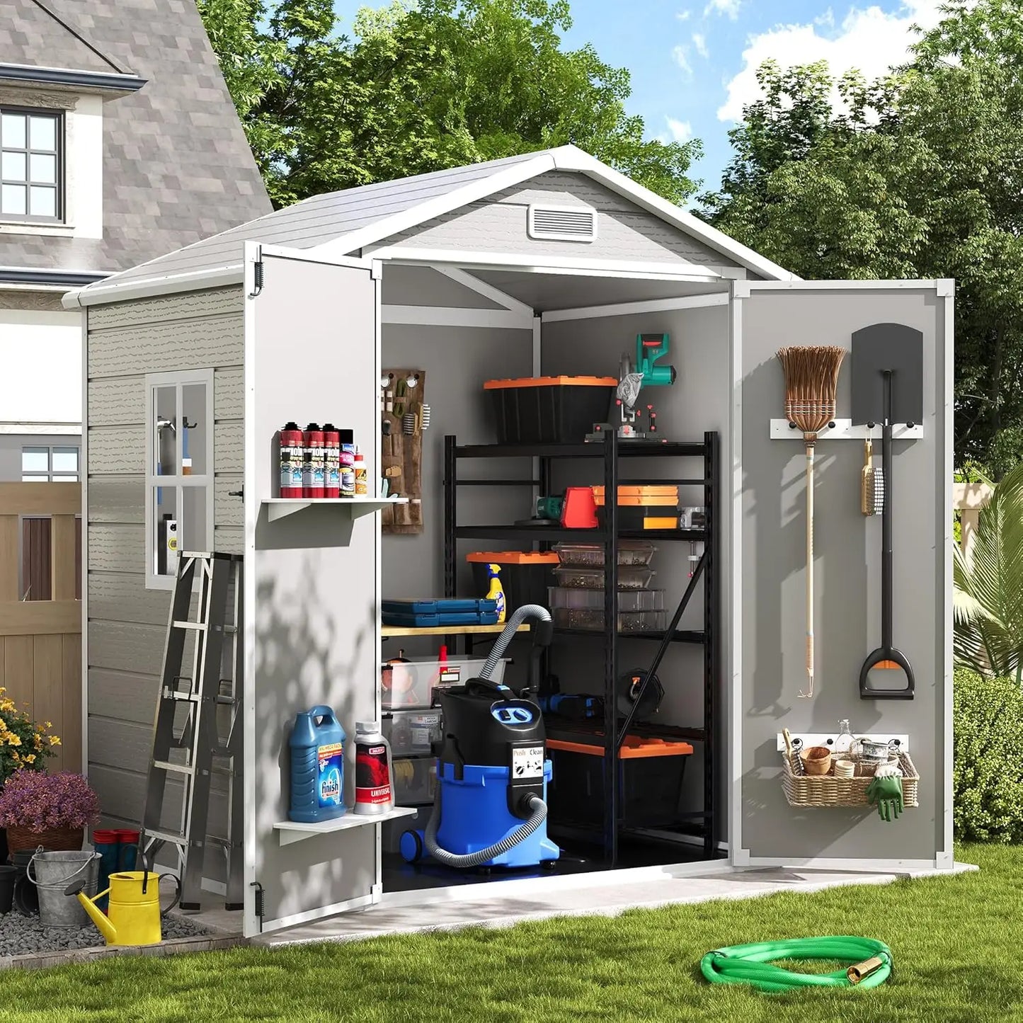 Outdoor Storage Shed with Floor, 6x4.5 FT Lockable Plastic Tool Shed with Ventilation, Waterproof Resin Garden Sheds, Custom