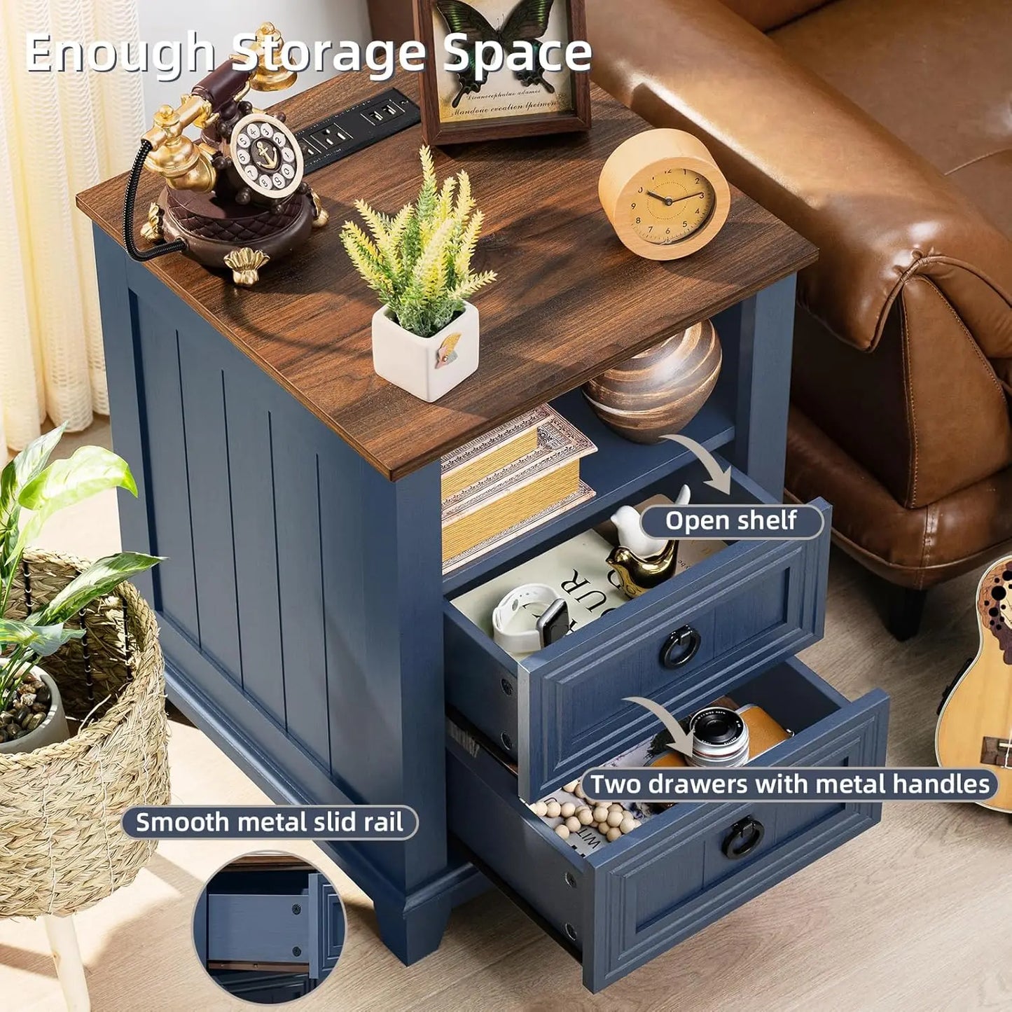 18" Farmhouse Night Stands Set of 2 with Charging Station, 2 Drawers End Table Dresser for Bedroom, Blue Wooden, Customized