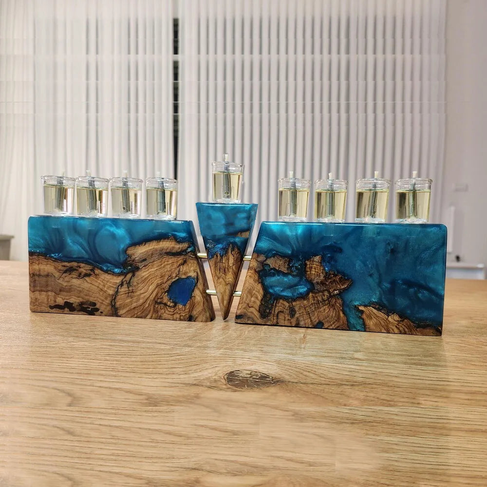 Olive Wood Epoxy Resin Chanukah Menorah Oil Cup Candle Holder Hanukkah Judaica Gift for Religious Celebration Hanukkah Shabbat