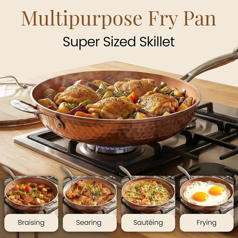 Hammered Copper 14 Inch Non Stick rying Pan with Lid, Nonstick rying Pan with Ceic Coating and Induction Plate or Even Heating,
