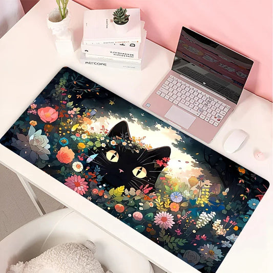 Clouds Black Cat Mouse Pad PC Green Plants Flower Gaming Keyboard Rug Laptop Kawaii Anime Gamer Cabint Mousepad Cute Desk Mat